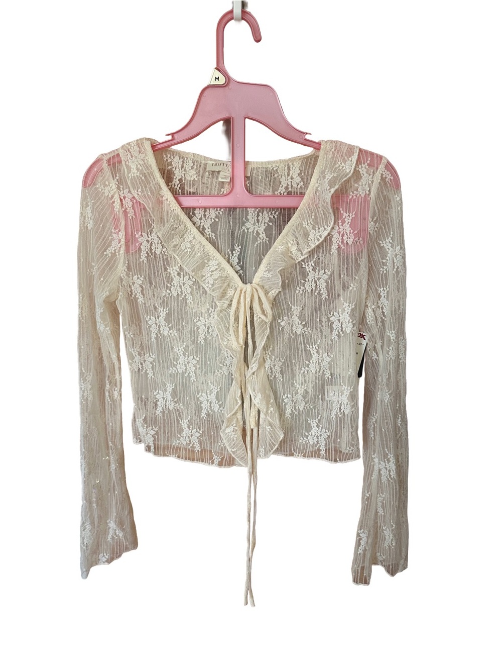 Sheer Cream Lace Tie-Front Blouse